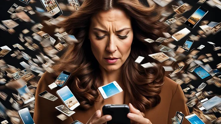 Woman looking at the amount of photos in her gallery feeling overwhelmed